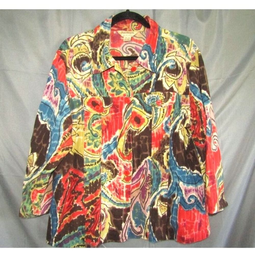 Norm Thompson 1X Multicolor Abstract Print Button Shirt Top Women's Cotton Boho